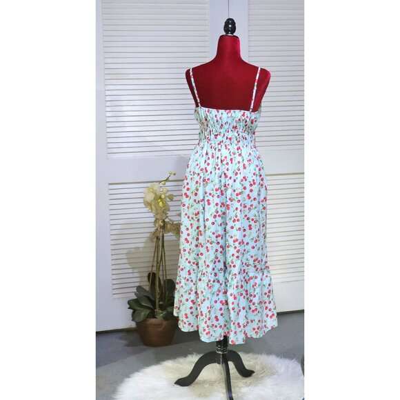 AQUA Women's Cherry Print Spaghetti Straps  Tiered Skirt Midi Dress Size L 2801 - Picture 7 of 11